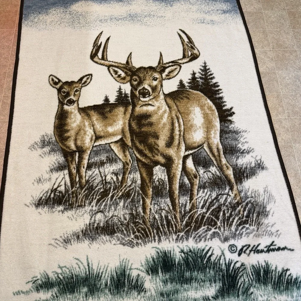 Biederlack Buck & Doe Deer Reversible Fleece Blanket USA Cabin Hunting 52